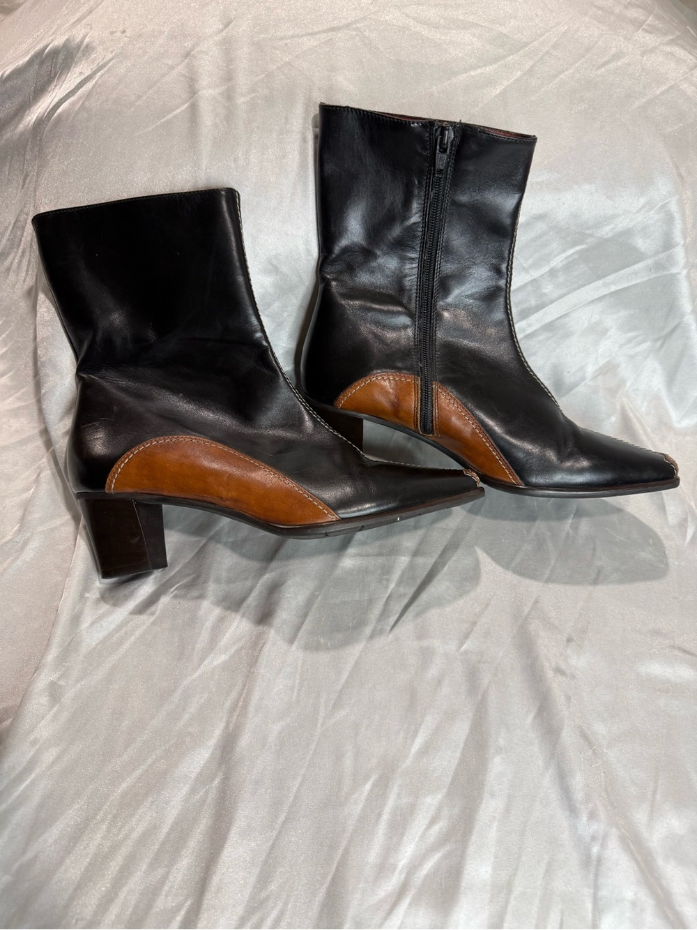 Black Leather Ankle Boots with Brown Accent - Classic Heeled Zip Boot